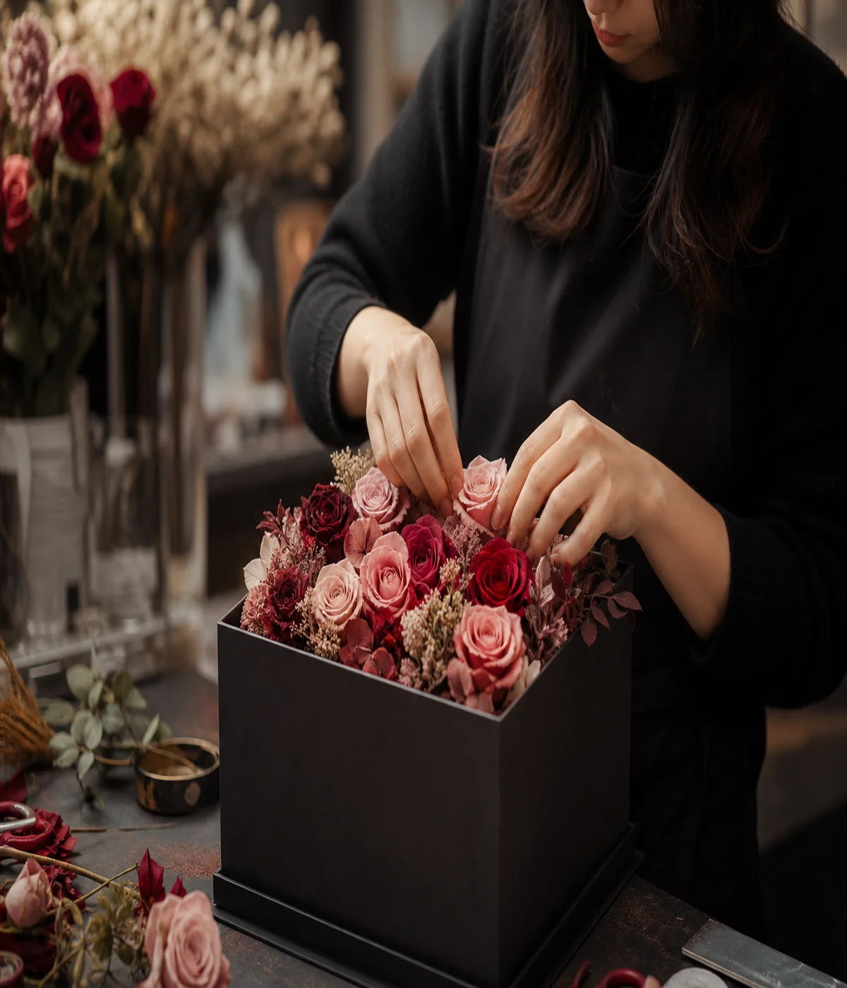 Artisan preserving fresh roses using a plant-based glycerin process at the NATROSES studio