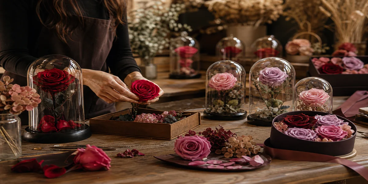 Artisan arranging preserved roses in a luxury velvet bucket