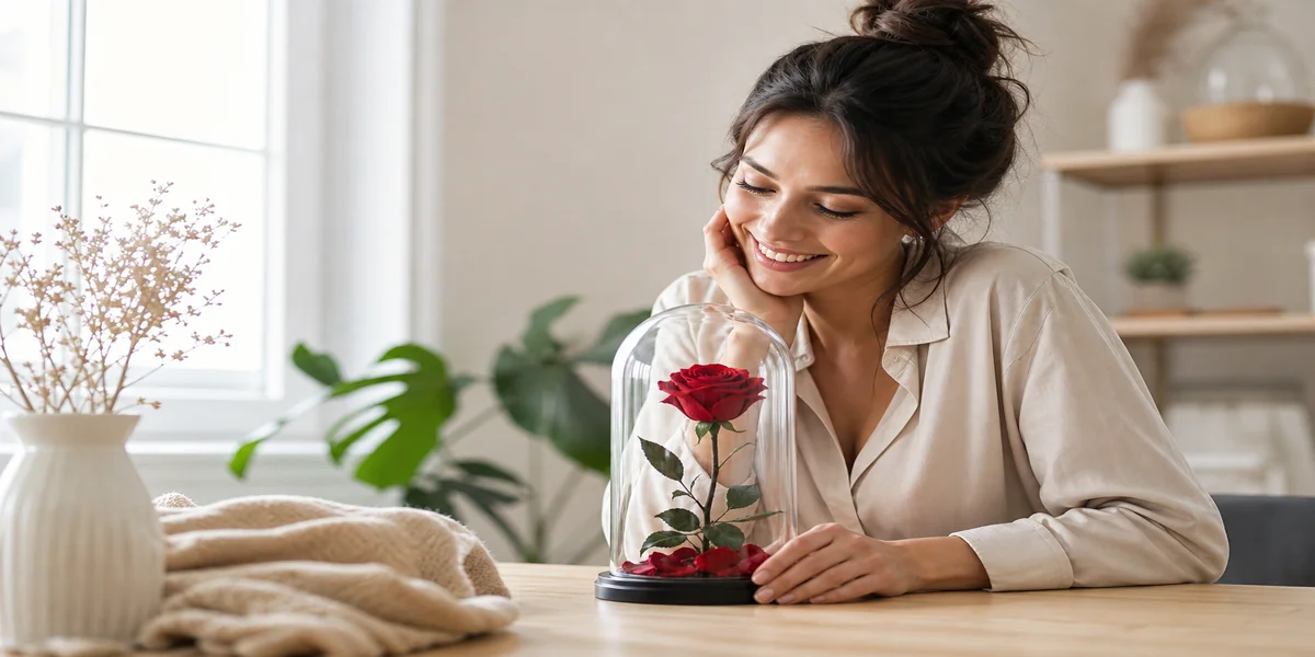 Customer unboxing a NATROSES preserved rose arrangement with delighted reaction