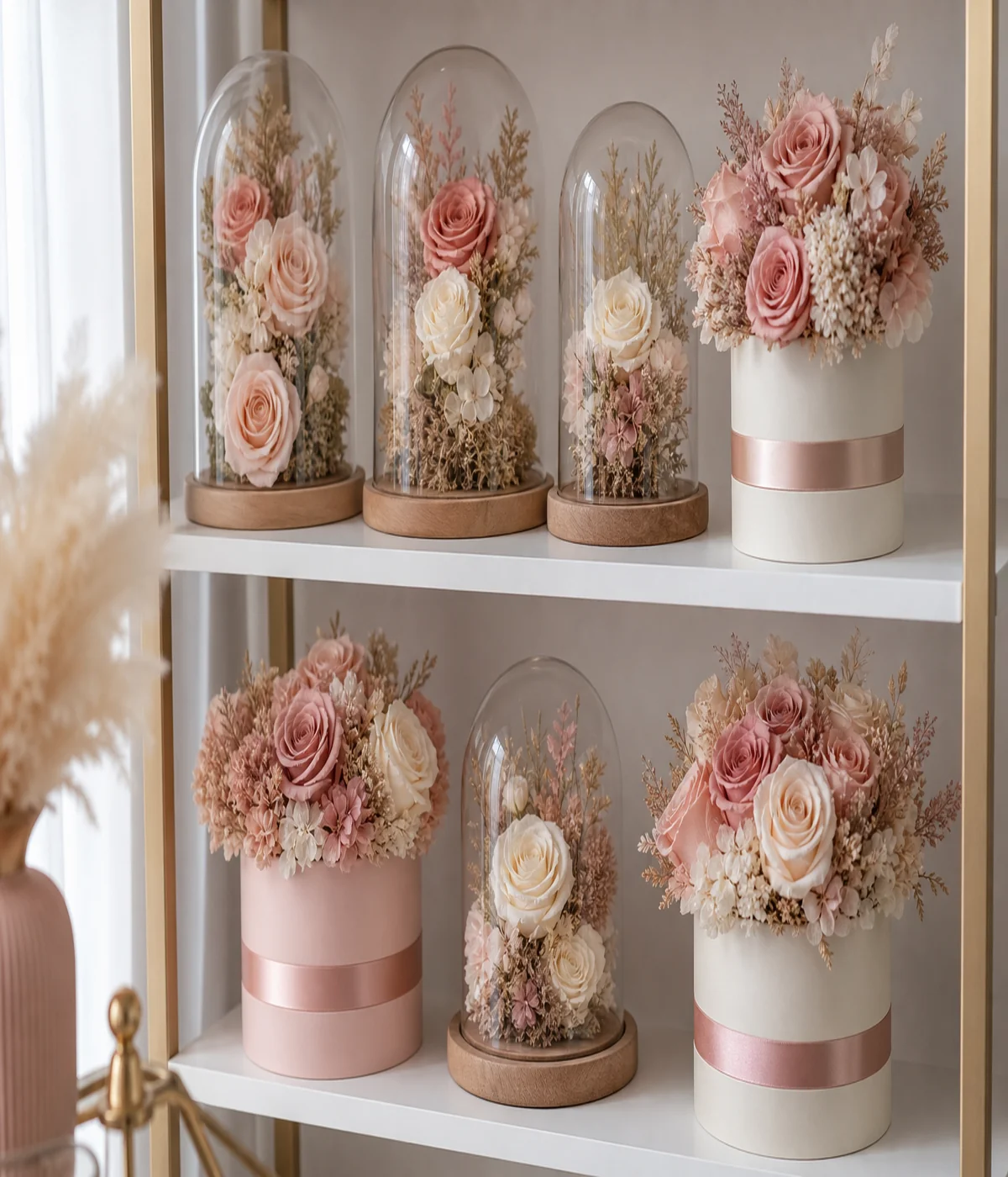NATROSES preserved rose arrangements displayed on an elegant vanity table